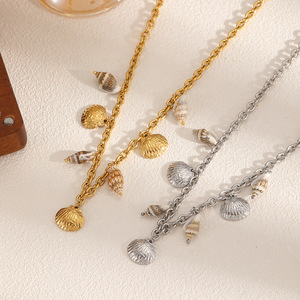 Ocean Series 18k Gold Plated Stainless Steel Chunky <b>Choker</b> Clavicle Chain Texture Pendant Necklace for Women - Product Image 2