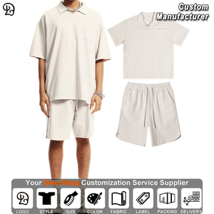 Ensemble Polo et Short Unisexe Lavé Col Polo <span class=keywords><strong>Homme</strong></span> Grande Taille Décontracté Été 2 Pièces <span class=keywords><strong>Tenue</strong></span> Ample Streetwear <span class=keywords><strong>Vintage</strong></span> Vêtement de Sport - Product Image 2