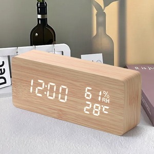 Wooden Digital Alarm Clock LED Display Temperature Humidity Voice Control Silent <b>Desk</b> Table Clock for Bedroom Office - Product Image 1