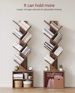 <b>6</b> Tier Wood Tree Bookshelf 2 <b>Drawers</b> Space-Saving Floor Standing Tall Narrow Modern Design for Bedroom/Living Room/Office - Product Image 4