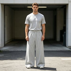 Pantalon de survêtement gris pour homme, double couche, taille mi-haute, coupe large, avec cordon de serrage, décontracté, ample, 100 % coton respirant, idéal pour le printemps - Product Image 1