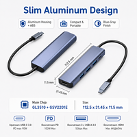 Hub USB C 5 en 1 HBC056M1, adaptateur HDMI 4K*60Hz avec PD 100W et transfert de données 5 Gbps, 3 ports USB 3.0, station d'accueil en aluminium pour ordinateur portable