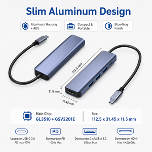 Hub USB C 5 en 1 HBC056M1, Adaptador <span class=keywords><strong>HDMI</strong></span> 4K*60Hz con 100W PD <span class=keywords><strong>y</strong></span> 5Gbps de Datos, 3 <span class=keywords><strong>Puertos</strong></span> USB 3.0, Base de Conexión de Aluminio para Laptop - Product Image 1
