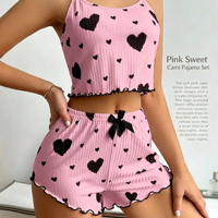 Ensemble pyjama d'été pour fille, débardeur sans manches à bretelles avec short, nouveau modèle 2026, imprimé cœurs, camisole en tricot, vêtements de nuit
