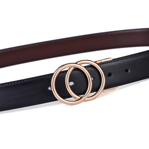 女性用ベルト新デザイン3.2CMダブルループゴールド回転バックル付き女性用黒とコーヒーリバーシブル本革ベルト - Product Image 6