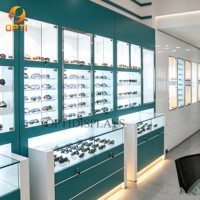 Vitrine de magasin d'optique avec étagères, présentoir publicitaire pour lunettes de soleil, tiroirs en verre, comptoir