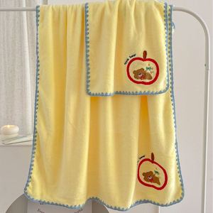 Nouvel ensemble de serviettes de bain Ours de dessin animé 2026, jaune lait, en polaire corail rembourrée, super absorbant, séchage rapide, pour usage domestique, avec bonnet en laine. - Product Image 2