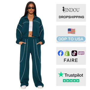 Nouvel ensemble deux pièces décontracté pour femme : veste zippée à col montant et manches longues avec logo personnalisé et pantalon <span class=keywords><strong>large</strong></span> – Collection Hiver - Product Image 2