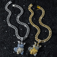 Collier pendentif tortue de dessin animé en trois dimensions de style hip-hop pour homme avec chaîne en bambou en alliage de zinc et strass en cristal