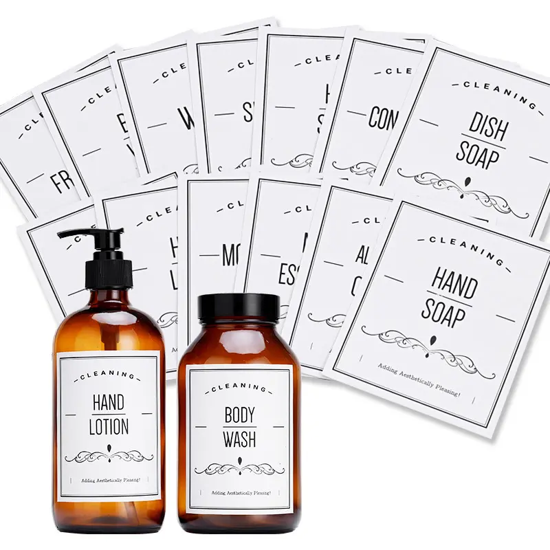 Stiker Label botol losion mandi Label botol produk perawatan kecantikan kosmetik tahan air, Label perawatan tubuh mandi Logo kustom Gulung