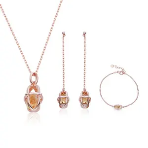 Wholesale Women Jewelry Rose Gold Plated 925 Sterling Silver Natural Yellow Citrine Necklace Jewelry Set