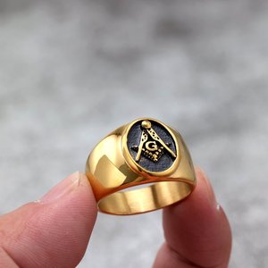 Anillo Masónico yúnique Ag Negro Brillante con Detalles en Oro, Joyería Geométrica Hip Hop para Hombre, Regalo - Product Image 4