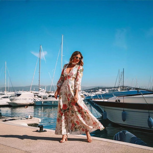 Romantic Floral Print Deep V-neck <strong>Dress</strong> Long Sleeve Big Hem <strong>Maxi</strong> Chiffon <strong>Dress</strong> - Product Image 2