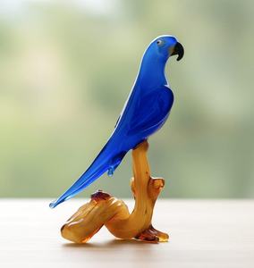 Blue Glass Parrot Figurine On Amber <b>Branch</b> Modern Desk Decor Hand Blown Crystal Ornament Single Piece Office Accessory - Product Image 1