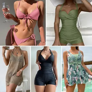 Baju renang wanita musim panas pakaian wanita mesh renda berbulu lengan seksi pendek baju renang gaun wanita mix and match gaya kasual