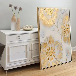 Abstract Blooming Gold Foil Flower Oil Painting On Canvas Large Floral Landscape Acrylic Painting Modern Wall Art