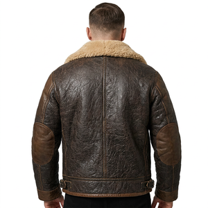 <b>Men</b> Vintage Genuine Leather <b>Sherpa</b> Lined Bomber <b>Jacket</b> Windproof Winter Outerwear Motorcycle Pattern - Product Image 3