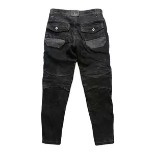 In-Stock Black Goatskin Denim elastic fabric Patchwork Harem Pants Genuine Leather 9 Pants Pencil Trousers