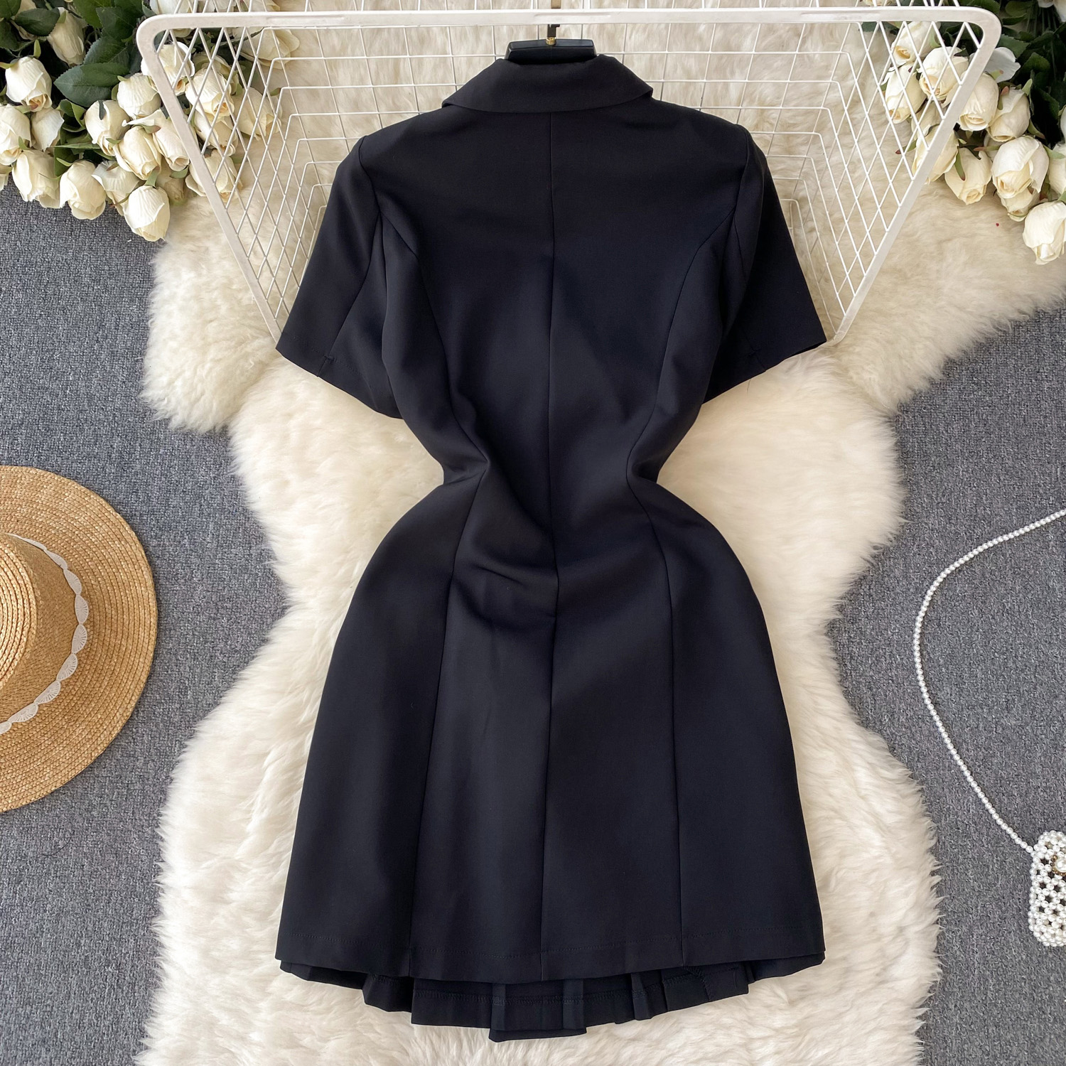 Elegant Solid Gold Button Belted Dress - Sweet Natural Black