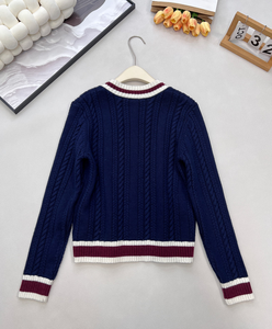 Pull élégant pour femme en tricot torsadé à col en V, bordure côtelée contrastante, manches longues, style décontracté preppy - Product Image 2