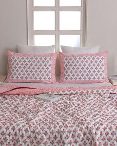 Pink Cherry Blossom Cotton <b>Quilt</b> Block Print Jaipuri Razai Reversible Striped <b>Bedding</b> Twin Queen King - Product Image 2