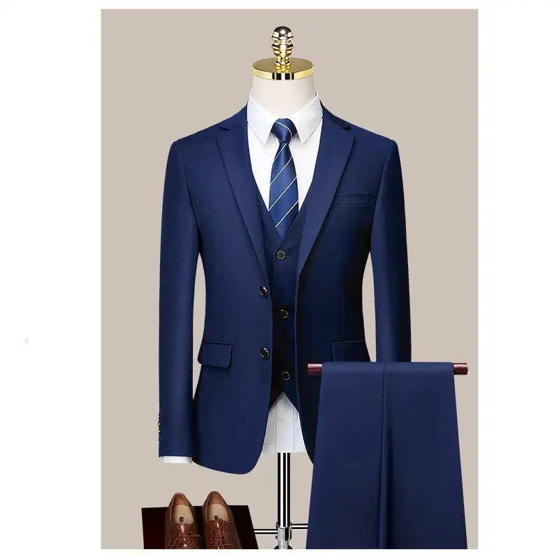 Factory Direct Luxury 3 Piece Formal Men's Suits Blue Business Wedding Men Slim Fit Blazer Pant Vest Suit 2022