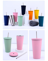Vente en gros Tasse à café réutilisable en acier inoxydable à double paroi avec logo personnalisé avec couvercle et paille