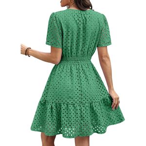 Abito da donna verde con occhielli in pizzo, linea ad A, scollo a V, manica corta, vita elastica, abbigliamento casual estivo - Product Image 5