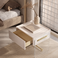 Table de chevet moderne en acrylique avec tiroir blanc et accent doré, table de nuit de luxe pour chambre à coucher, hôtel, villa, mobilier de maison