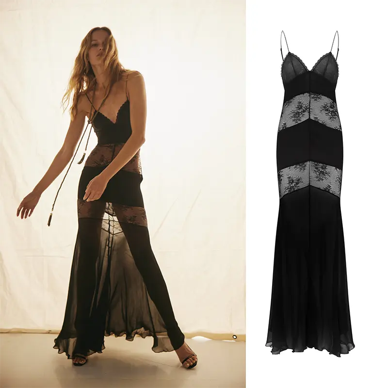 Luxury Backless mix of sheer black and delicate lace Slip maxi women lady sexy dress