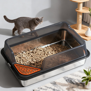 Fabrik Großhandel XL Edelstahl Katzen toilette Hohe Wandseite für kleine/große/Multi Katzen Kein Geruch Metall Katzen toilette mit Schaufel - Product Image 1
