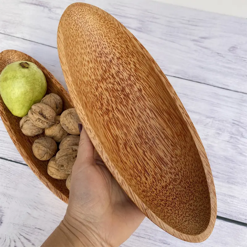 Großhandel natürliche handgemachte dekorative Bootsform Kokosnuss Holz Teller Gericht für Lebensmittel Obst