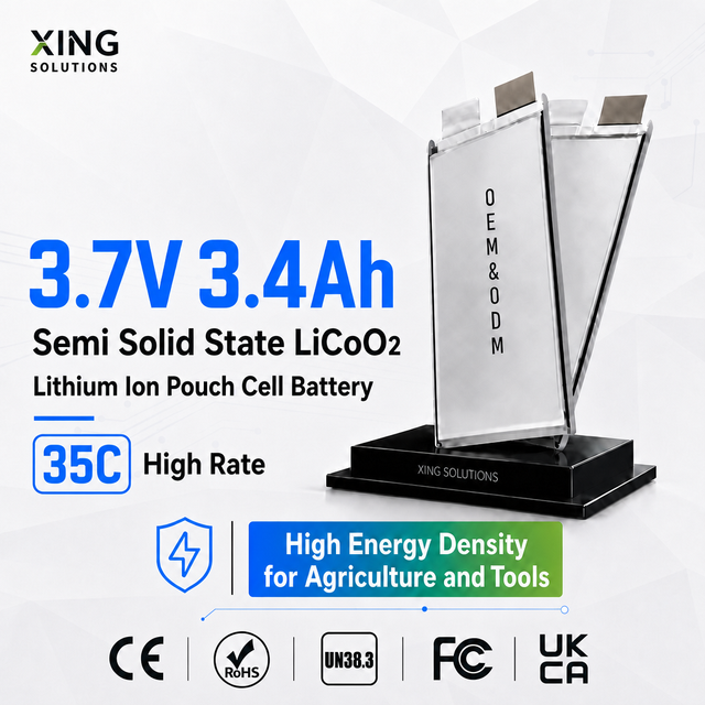 3.7V 3.4Ah Semi Solid State LiCoO2 Lithium Ion Pouch Cell Battery 35C High Energy Density for Agriculture and Tools