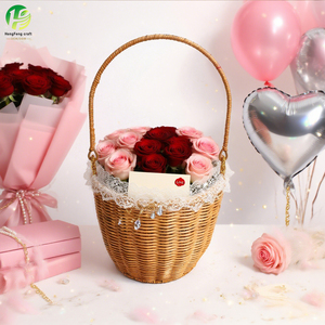 سلال زهور دائرية من الخيزران صديقة للبيئة بتصميم عتيق لتزيين حفلات الزفاف، سلة تخزين وظيفية منسوجة بحواف قماشية - Product Image 1