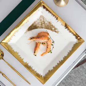 Restoran otel düğün porselen kare tatlı kek servis tabakları özel seramik Nordic beyaz yemeği plaka seti altın jant ile
