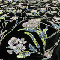 Nouvelle mode de luxe noir extensible épais hiver broderie paillettes fleur feuilles velours tissu pour abaya vêtements de fête de mariage