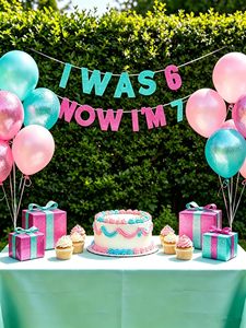 Banner de Papel con Purpurina Rosa Intenso y Verde Azulado para Niñas, Decoración para Fiesta de Cumpleaños de 7 Años, Tema <span class=keywords><strong>Meme</strong></span>, 'Ya no soy 6, ahora soy 7' - Product Image 1