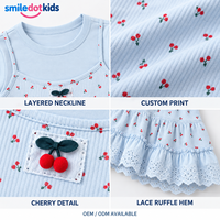 T-shirt à manches longues superposé pour filles, imprimé cerises, avec dentelle et volants, pour tout-petits et enfants, OEM ODM, vente en gros