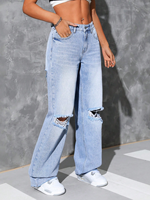 Jean Boyfriend Simple et Tendance pour Femme, Taille Basse, Coupe Droite, en Denim Décontracté, avec Trous aux Genoux Élégants, Tissé Printemps