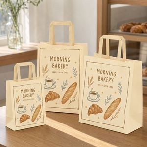 Sacs en papier personnalisés écologiques pour boulangerie avec poignées plates, pour pain, croissants, café, emballages alimentaires à emporter, vente en gros - Product Image 1