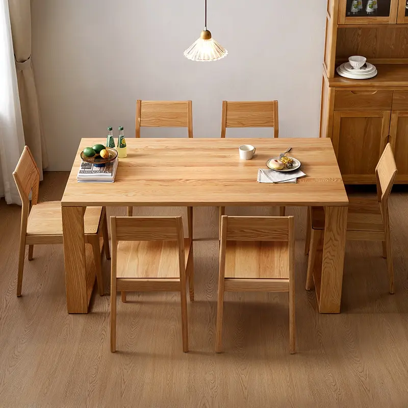 125019 Quanu gros bon prix nouveau design table à manger en bois avec chaises 6 places table en bois pour salle à manger