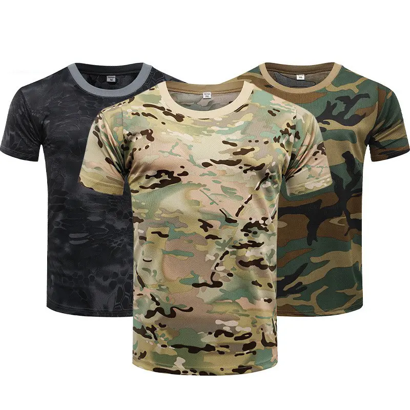 Ropa de camuflaje para hombre, uniforme táctico de manga corta de secado rápido, ligero, con cuello redondo, para exteriores