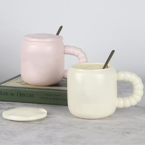 Simple Textured <b>Ceramic</b> <b>Mug</b> With Pearl Handle <b>Lid</b> Spoon Solid Color Cup <b>For</b> Home Gift Use - Product Image 3