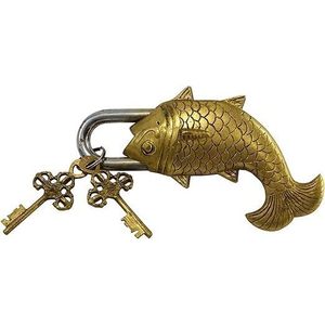 PARIJAT HANDICRAFT Beautiful Brass <b>Padlock</b> Functional Fish Monastery Lock Two Keys Solid Brass Natural Patina Decorative Object - Product Image 2