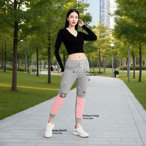 Tuta da Donna J772K con Maniche Lunghe, Scollo a V, Pantaloni Casual a Lunghezza Caviglia, Color Block, in Spandex e Cotone Traspirante, Vestibilità Regolare - Product Image 2