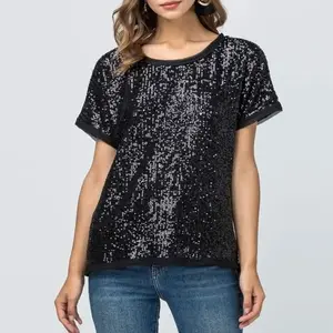 Custom Ladies Summer Sequins Clothing Blouses Starstruck Top Short Sleeve Round Neck Women Crop Tops T Shirt