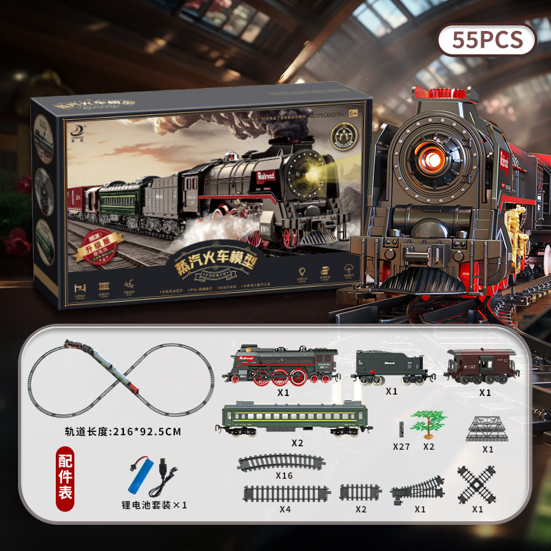 Conjunto de tren de vapor retro de 55 piezas con batería de litio.