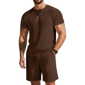 FOXA Conjunto de camiseta y pantalones cortos de punto para hombre, cuello redondo, manga corta, transpirable, informal, de verano, conjunto de 2 piezas - Product Image 1