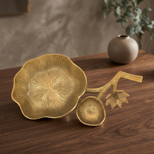 Bol de service de luxe en aluminium plaqué or, plateau décoratif poli motif lotus, plat à collation pour la maison, les fêtes, les mariages, centre de table - Product Image 3