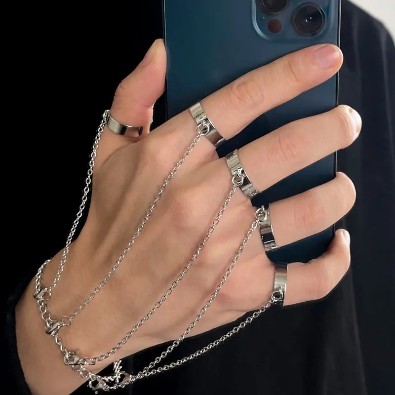 Sindlan Punk Geometric Silver Color Chain Wrist Bracelet for Men Ring Charm Set Couple Emo Fashion Jewelry Rings Gifts